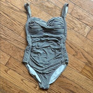 Bond-eye Navy Blue and White Ruched One Piece Swimsuit